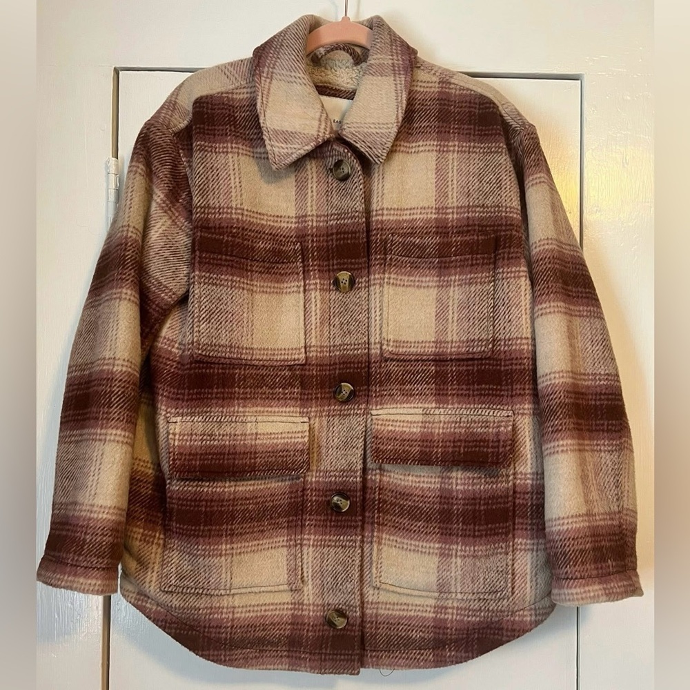 American Eagle Outfitters Burgundy and Cream Plaid Pea Coat